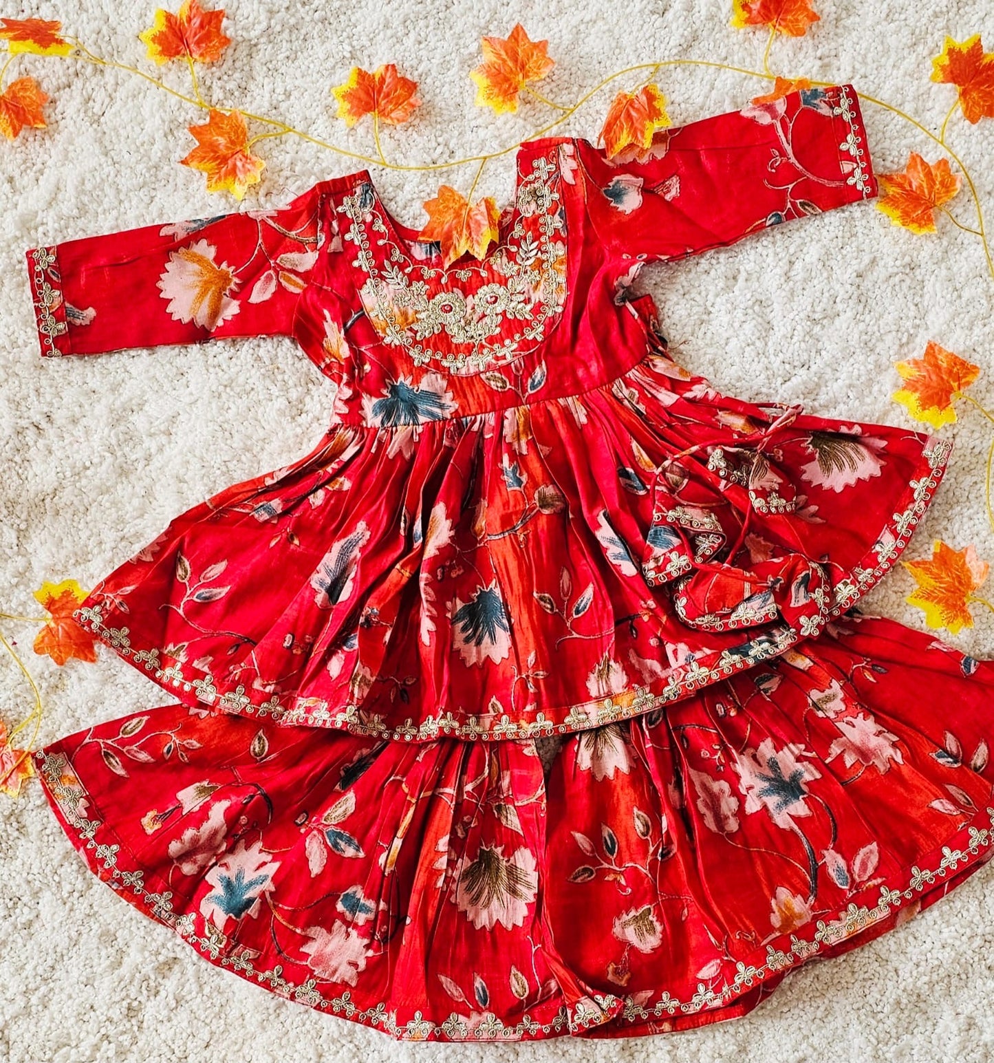 Red Floral Muslin Sharara Set