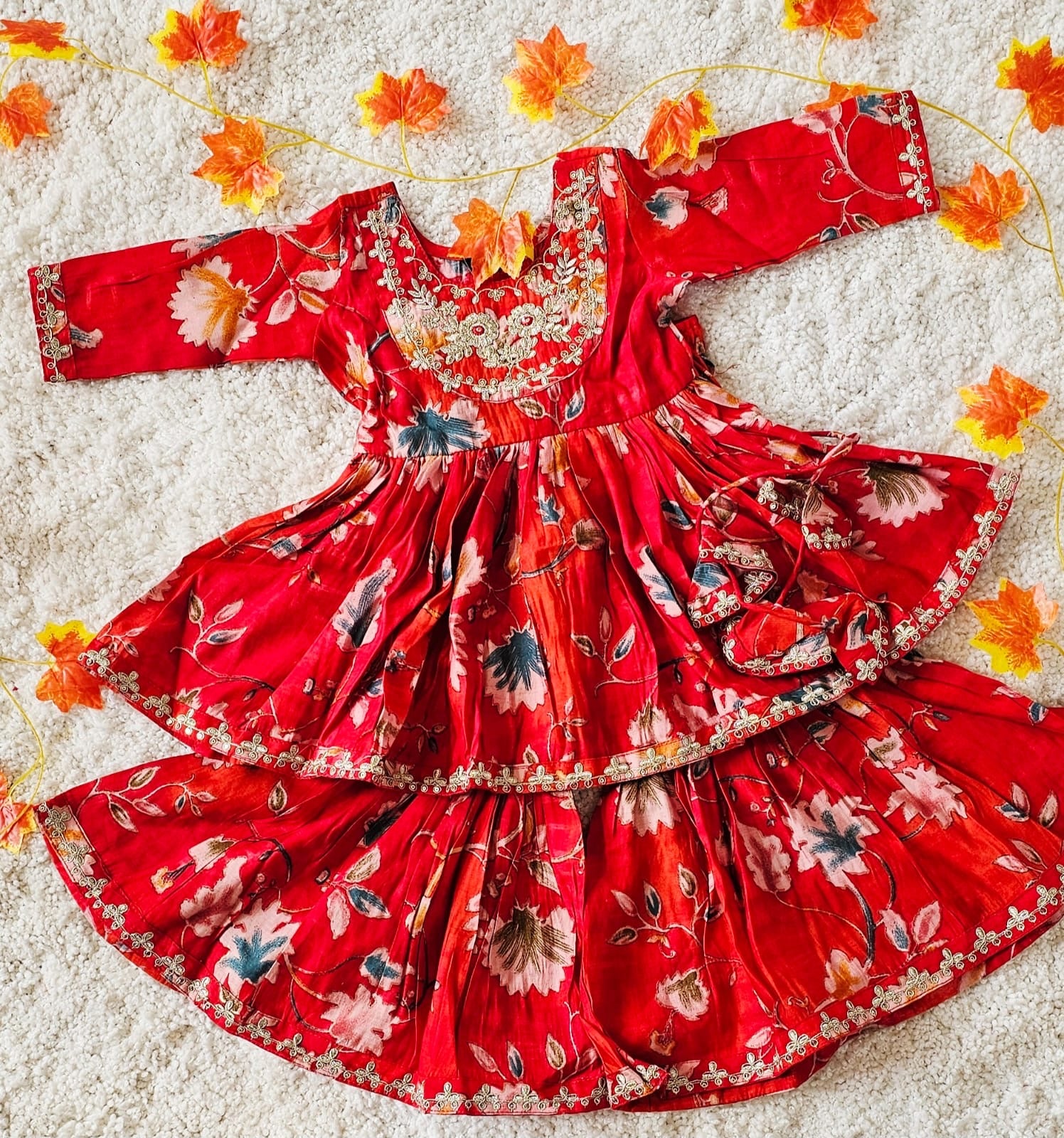 Red Floral Muslin Sharara Set