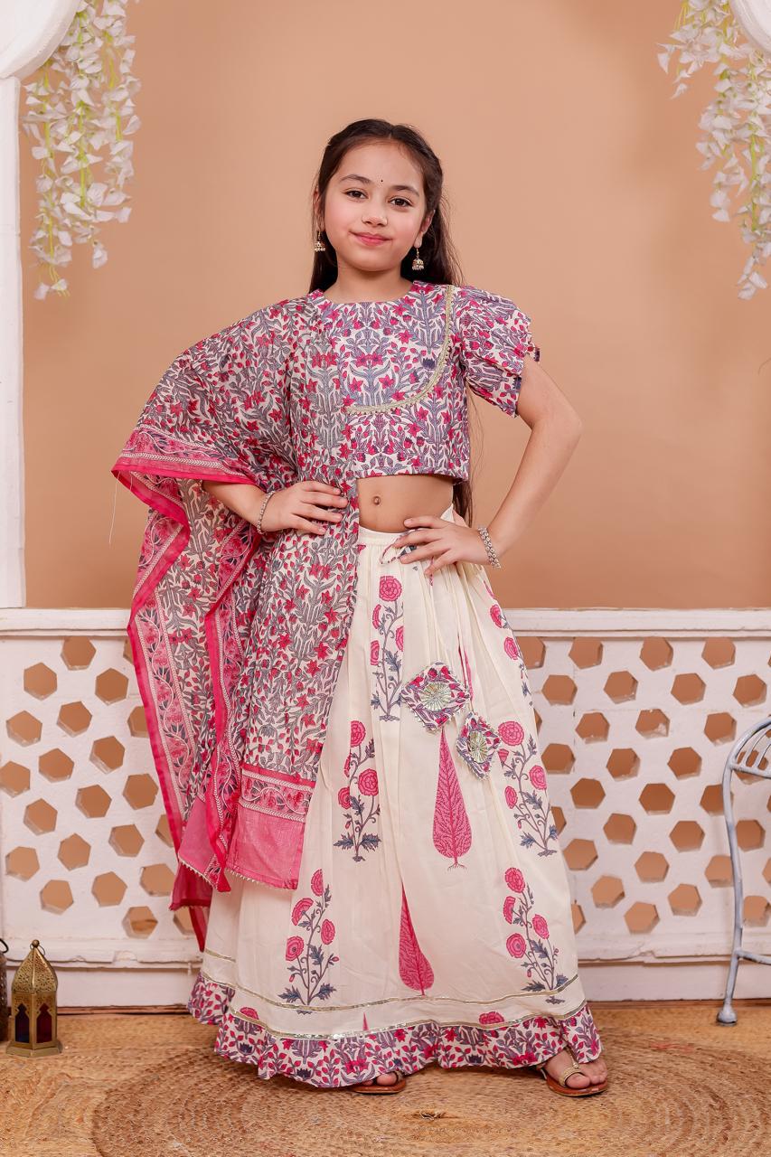 Girls Pink Floral Lehenga Choli
