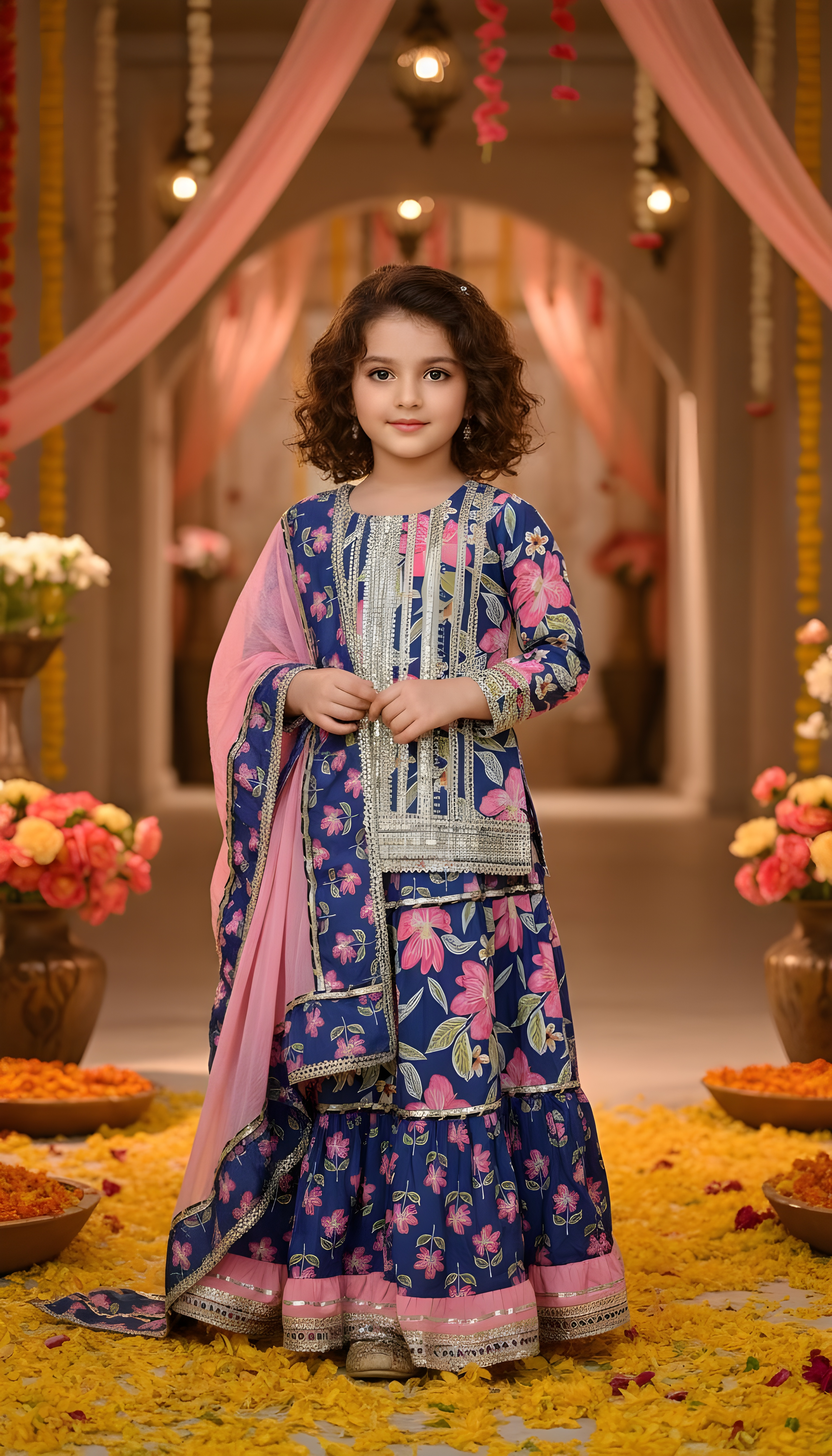 Young girl in a traditional outfit with floral patterns on a decorated floor.