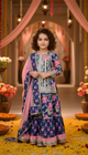 Young girl in a traditional outfit with floral patterns on a decorated floor.