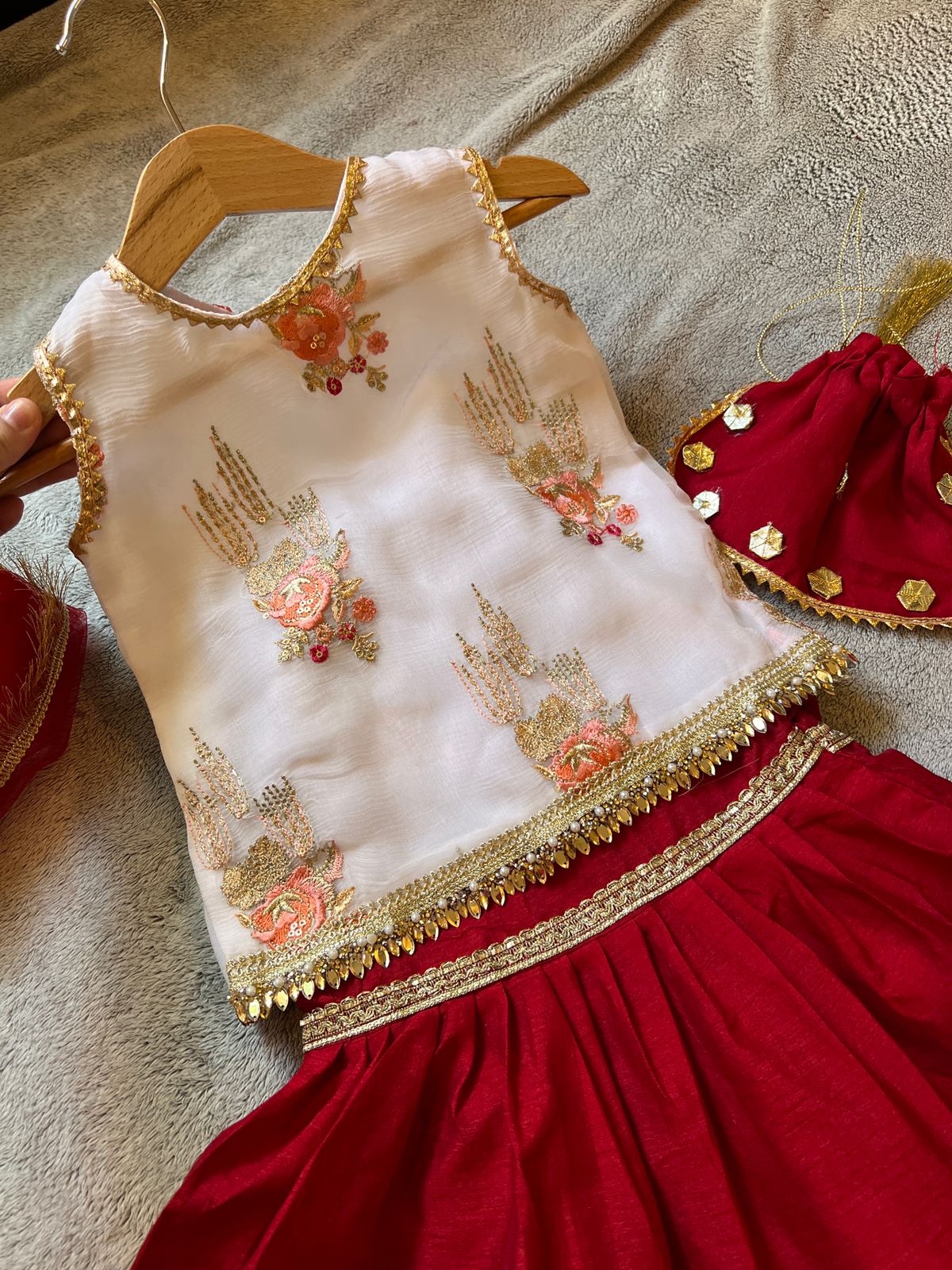 White & Red Chiffon Gharara