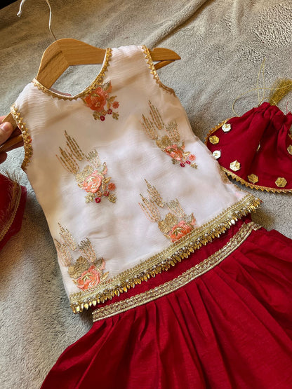 White & Red Chiffon Gharara