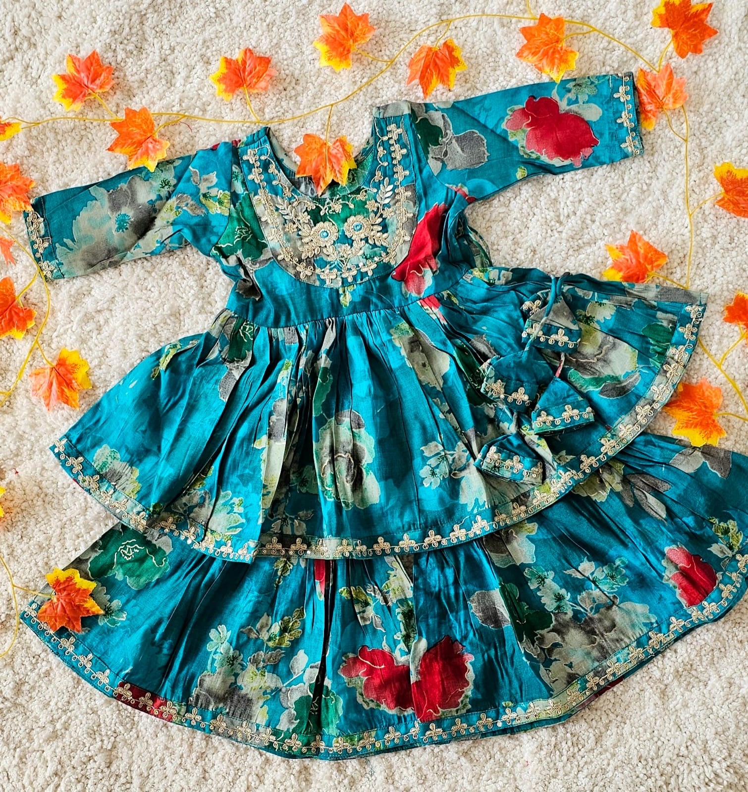 Teal Floral Muslin Sharara Set