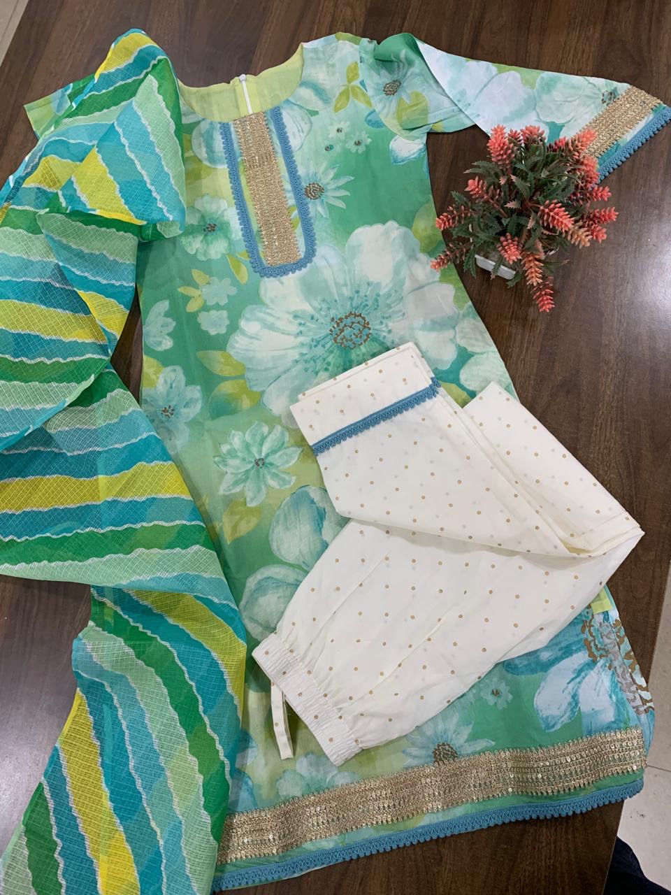 Girls Sea Green Kurta Suit