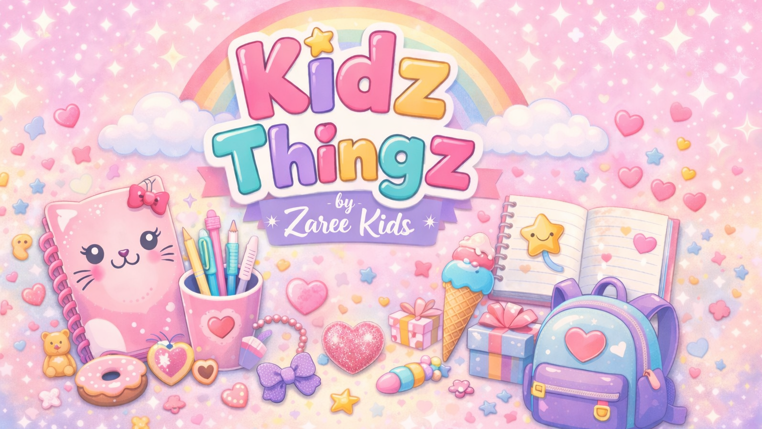 Colorful promotional image for 'Kidz Thingz by Zaree Kids' with stationery items and a rainbow.