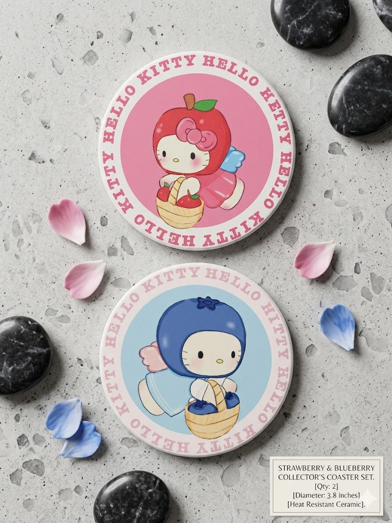 Two round Hello Kitty coasters with strawberry and blueberry designs on a gray surface with stones and petals.