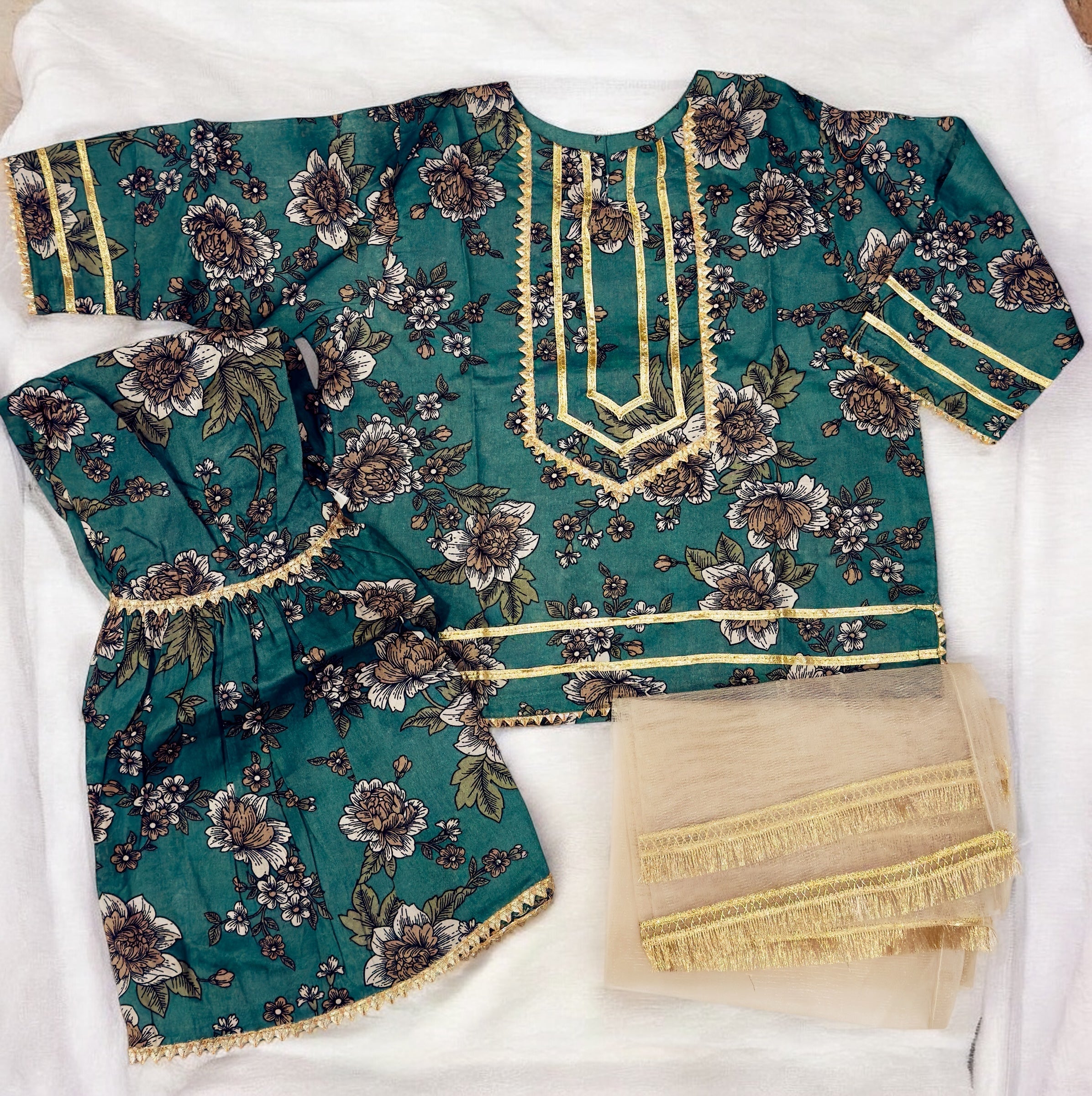 Girls Green & Gold Gharara Suit