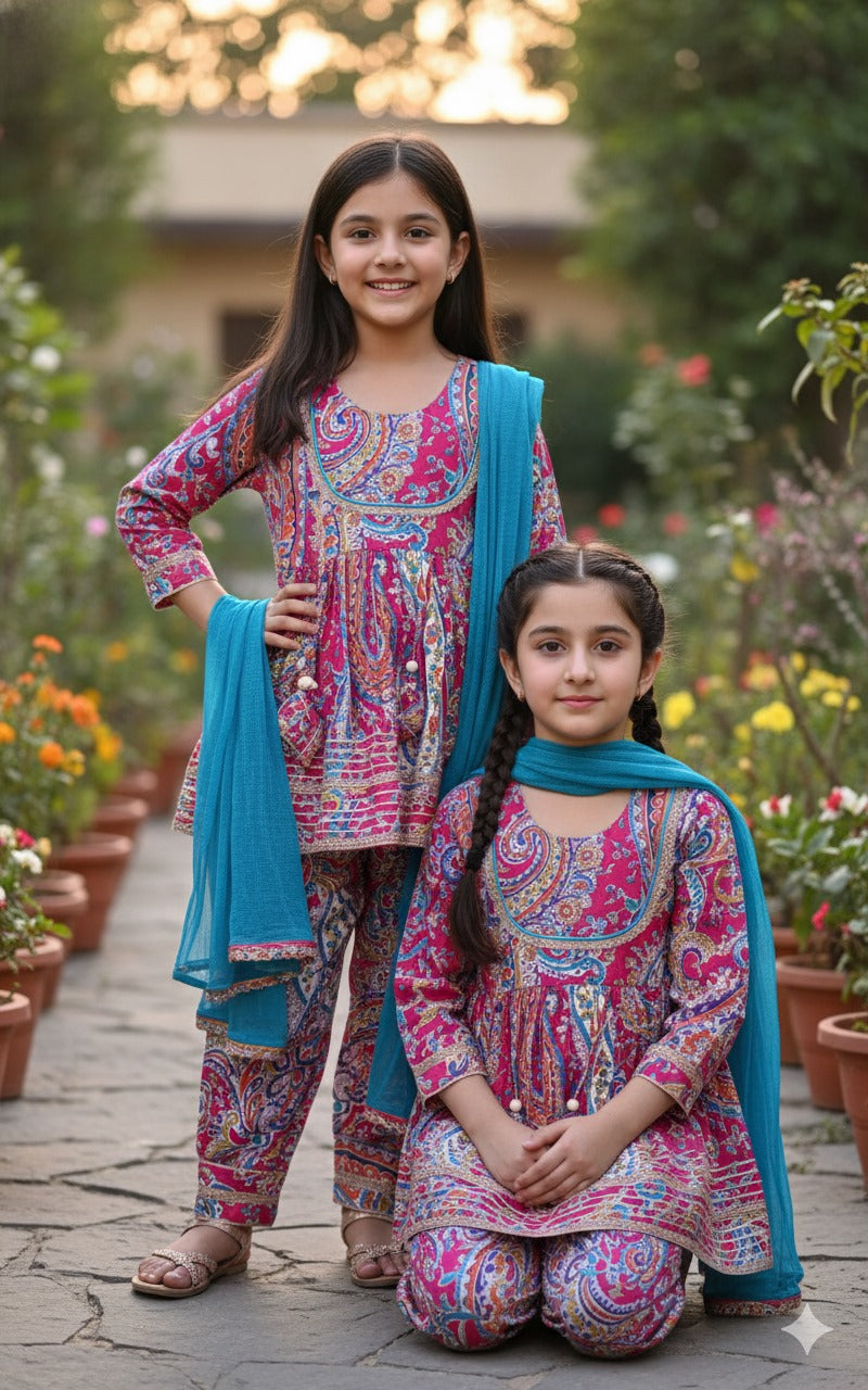 Pink & Blue Kurti Afghani Suit