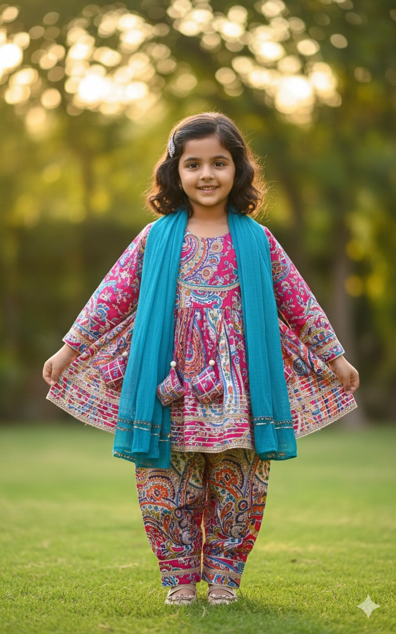 Pink & Blue Kurti Afghani Suit