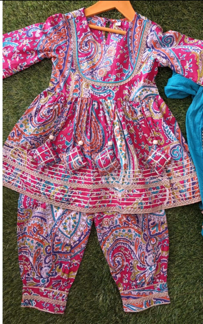 Pink & Blue Kurti Afghani Suit