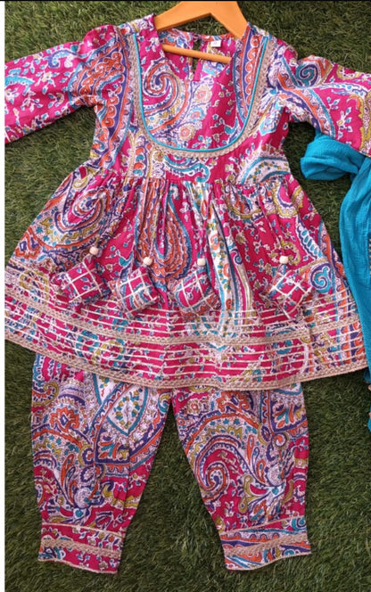 Pink & Blue Kurti Afghani Suit