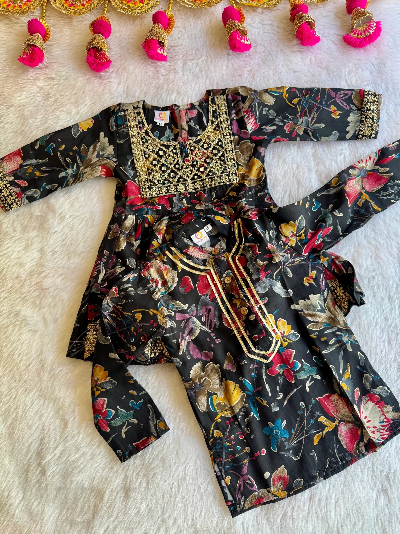 Boys Black Floral Kurta Pajama