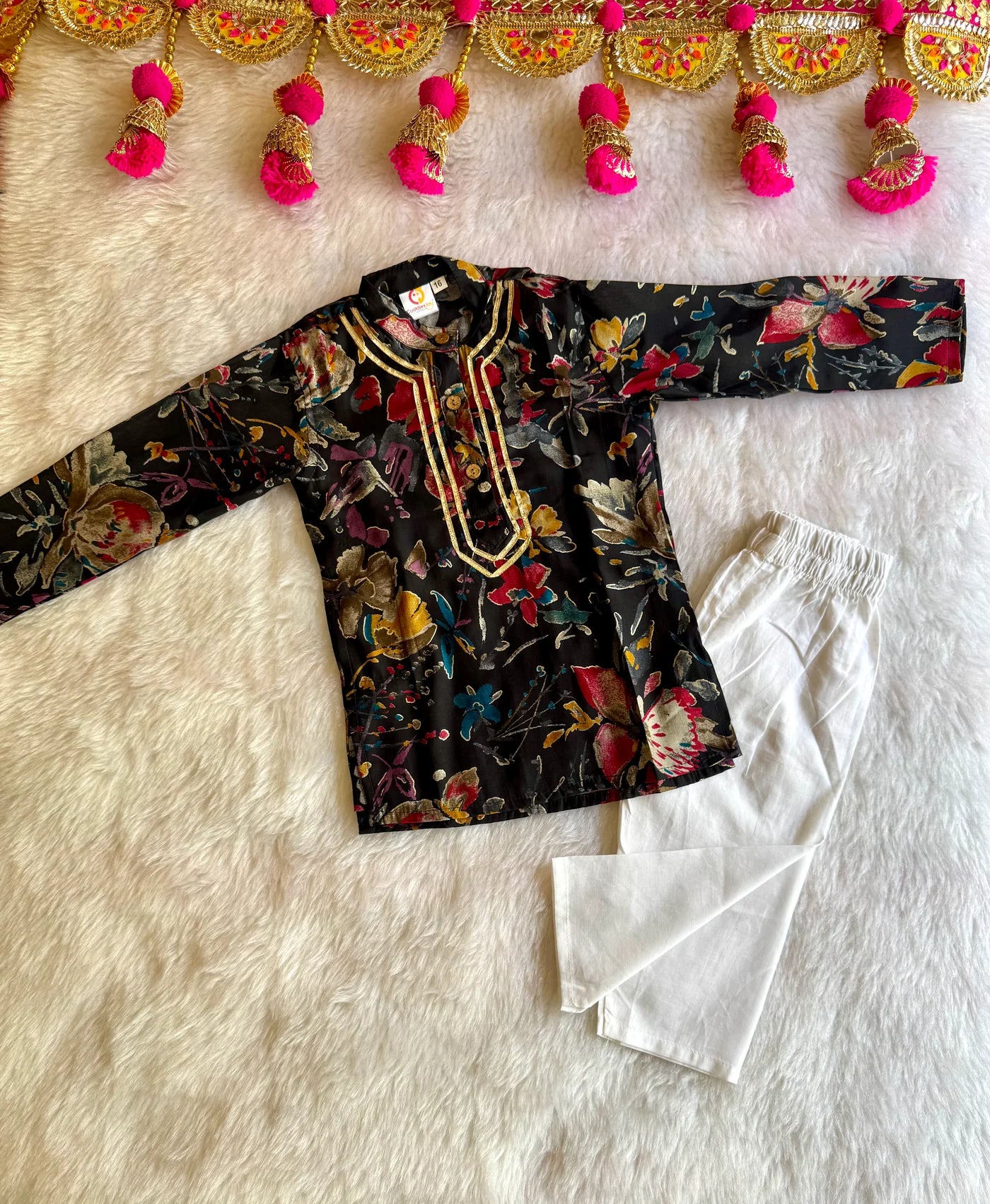 Boys Black Floral Kurta Pajama