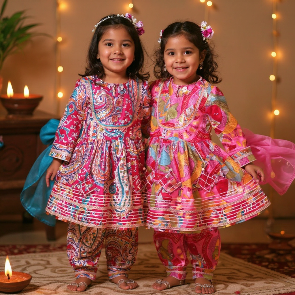 Pink & Blue Kurti Afghani Suit