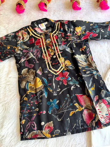 Boys Black Floral Kurta Pajama
