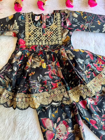 Girls Black Floral Afghani Pants